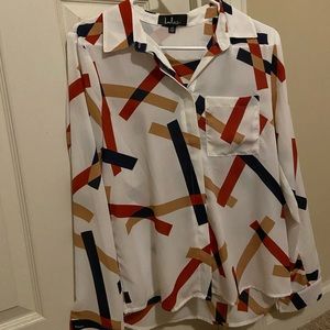 LULUS  white geometric print button-up LS top- XS